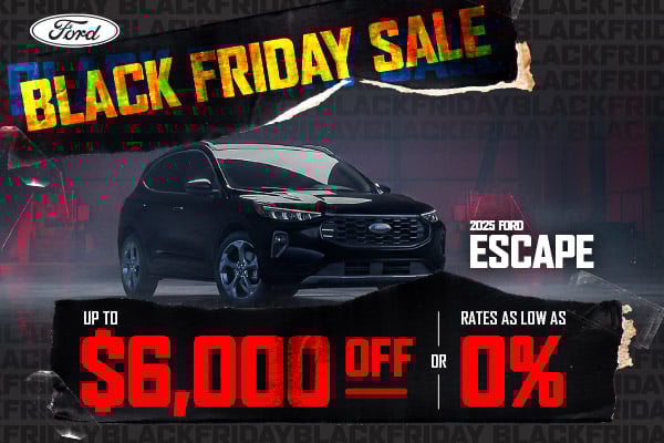 A 2025 Ford Escape is showcased in a dim, industrial-style setting for a Black Friday Sale ad, offering up to $6,000 off or 0% financing.